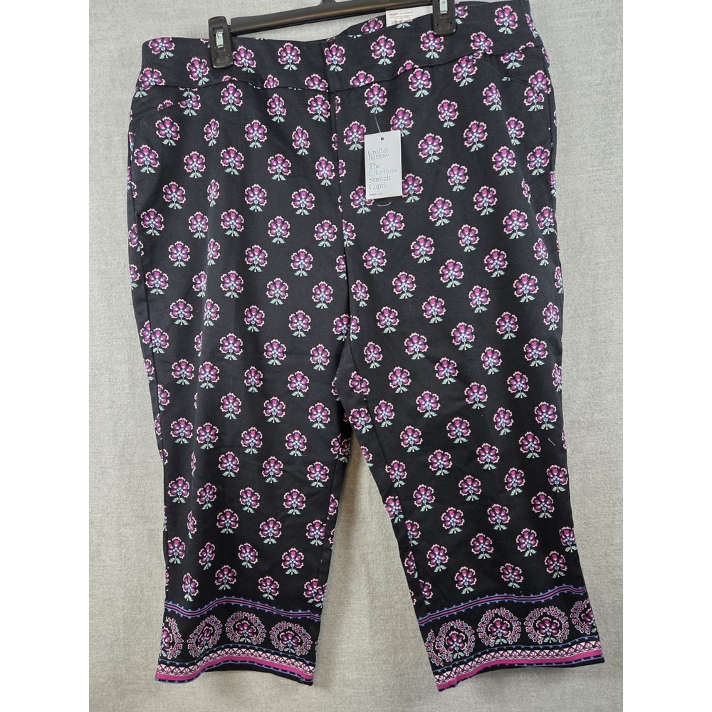 Croft & Barrow 18W Effortless Stretch Capri Pants Black Purple Scallop Boho NEW‎